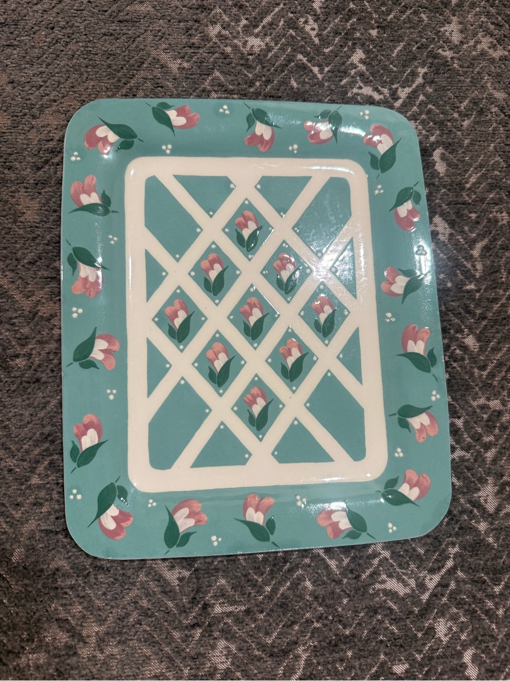 Artist Signed Floral Ceramic Tray Teal Pink Raised Flowers 10.5”